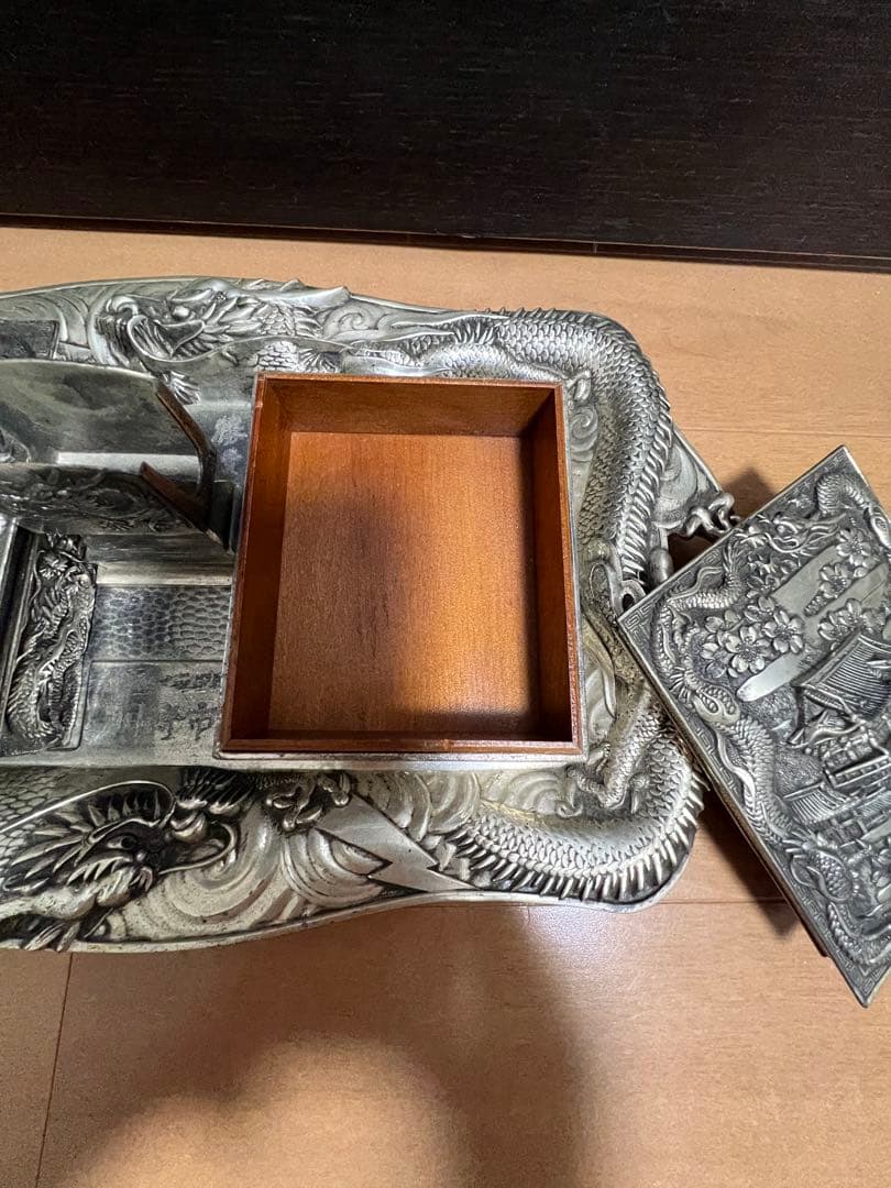 高級 昭和レトロ 龍 日本製 白銅 灰皿セット アンティーク 喫煙具 煙草入れ