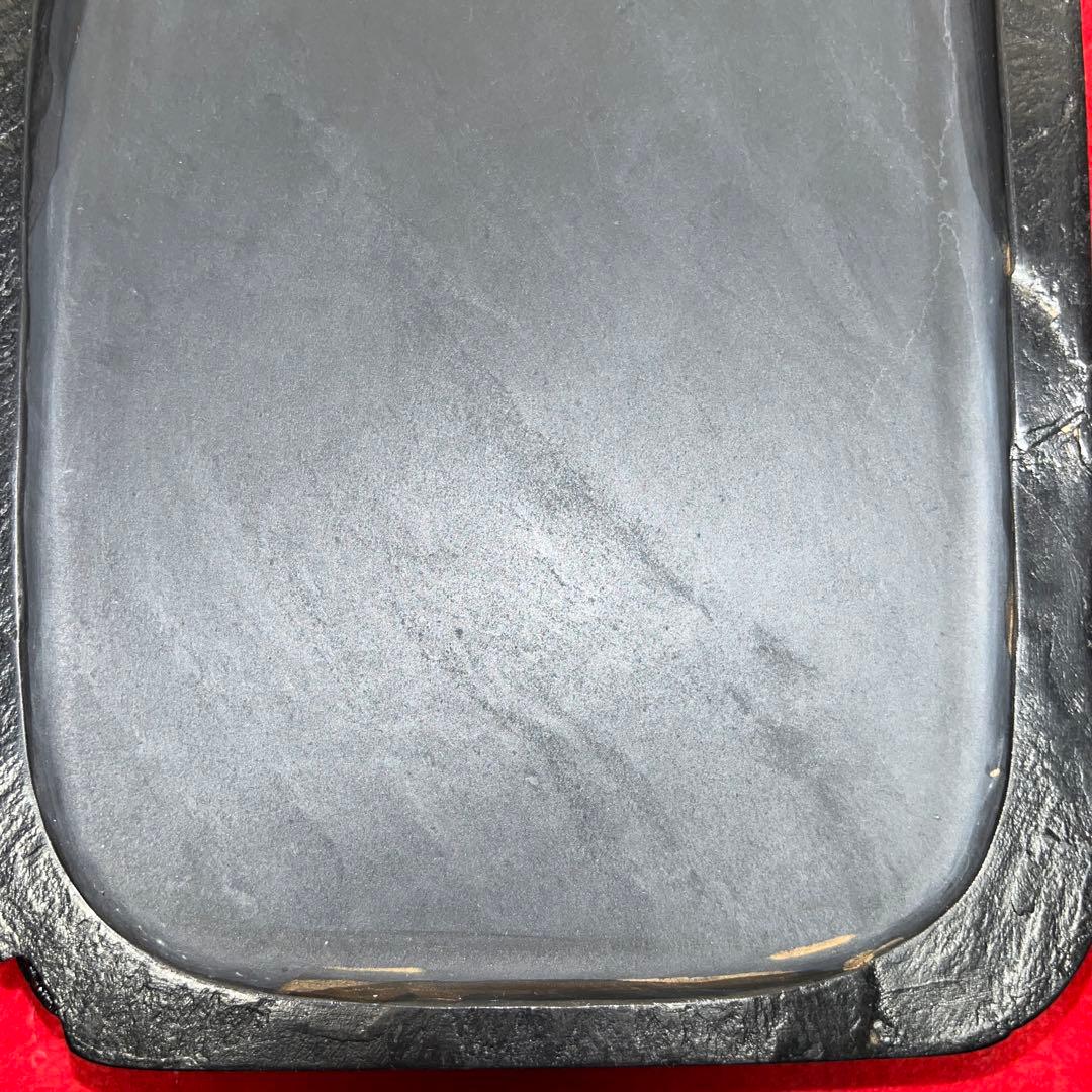 ⭕️雄勝硯　共蓋付き　伝統工芸士　山崎勝　7寸大　咲き梅花彫刻蓋　大型　石紋綺麗