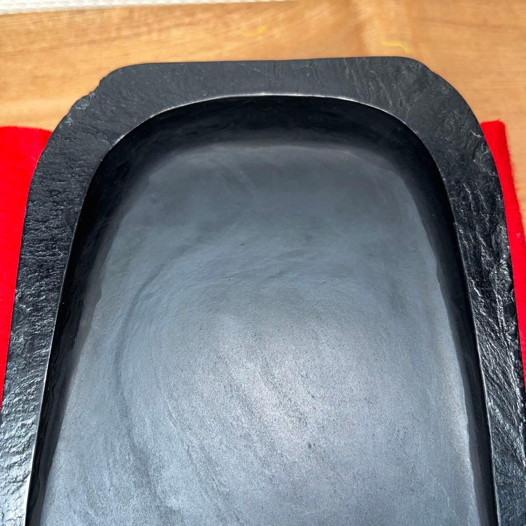 ⭕️雄勝硯　共蓋付き　伝統工芸士　山崎勝　7寸大　咲き梅花彫刻蓋　大型　石紋綺麗