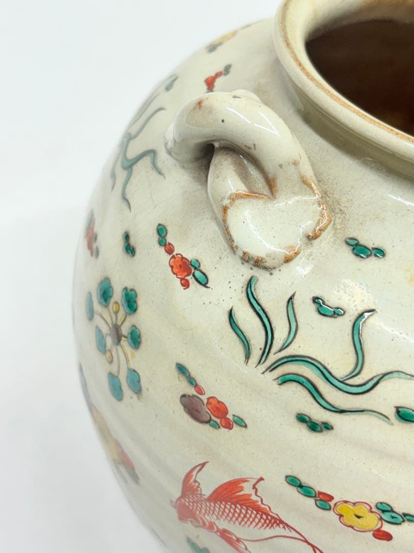 清末〜民国期 中国 景徳鎮 色絵鯉文 双耳 壺 花瓶 古美術 五彩 陶芸