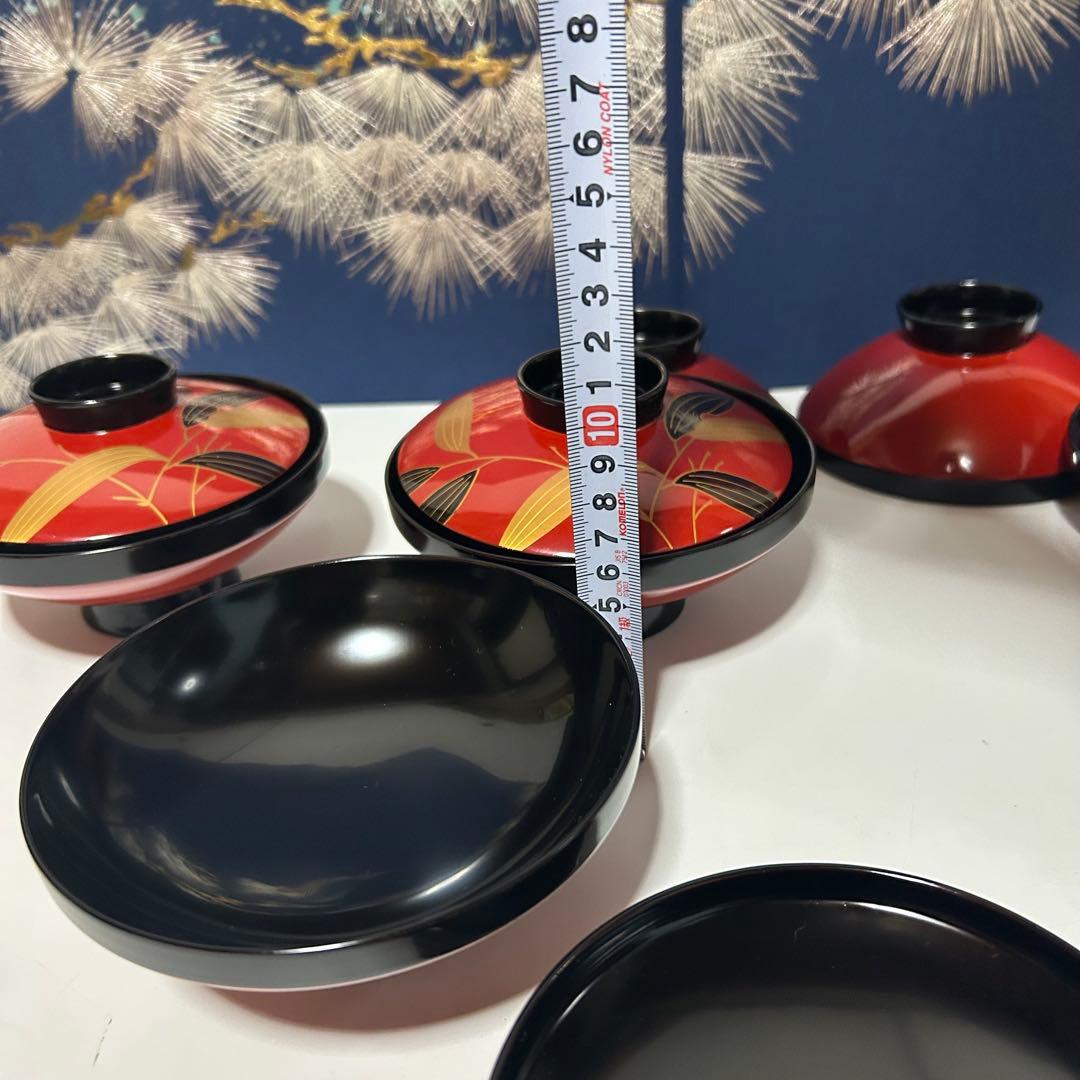 輪島塗　天然木 漆器 蒔絵 多用椀 5個セット 赤と黒 葉模様