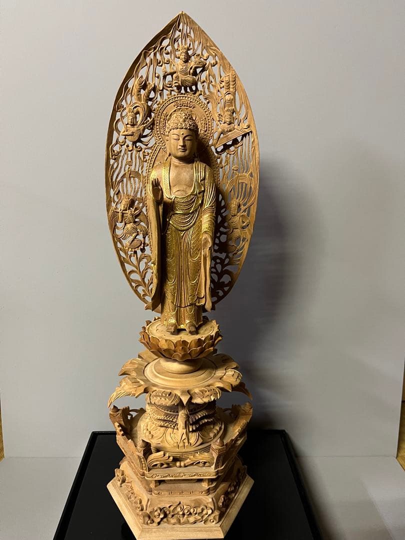 仏像　総白檀　仏像　木彫　舟立阿弥陀　六角台座ケマン付　飛天光背　金泥書　16