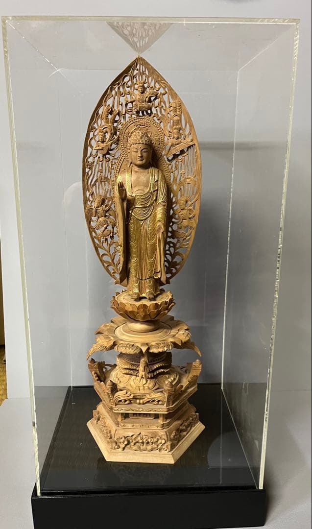 仏像　総白檀　仏像　木彫　舟立阿弥陀　六角台座ケマン付　飛天光背　金泥書　16