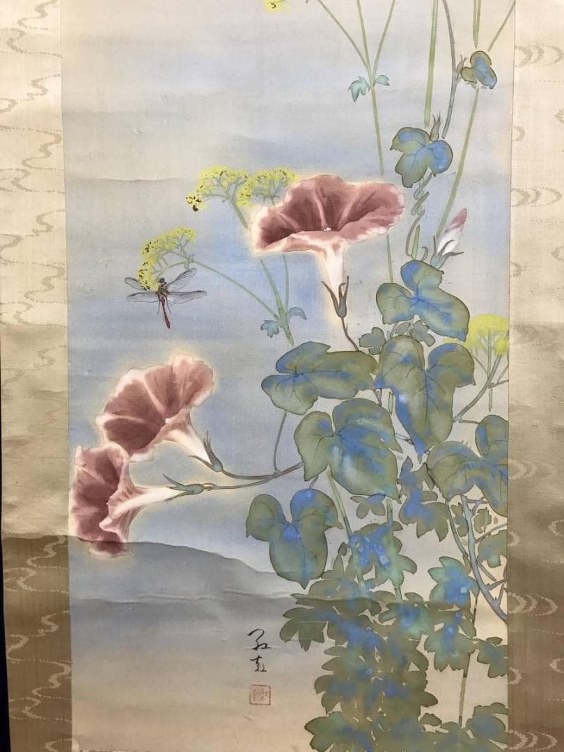 真作/雑喉紅朝/朝顔/オミナエシトンボ図/夏の花図/掛軸/名家伝来/AD-876
