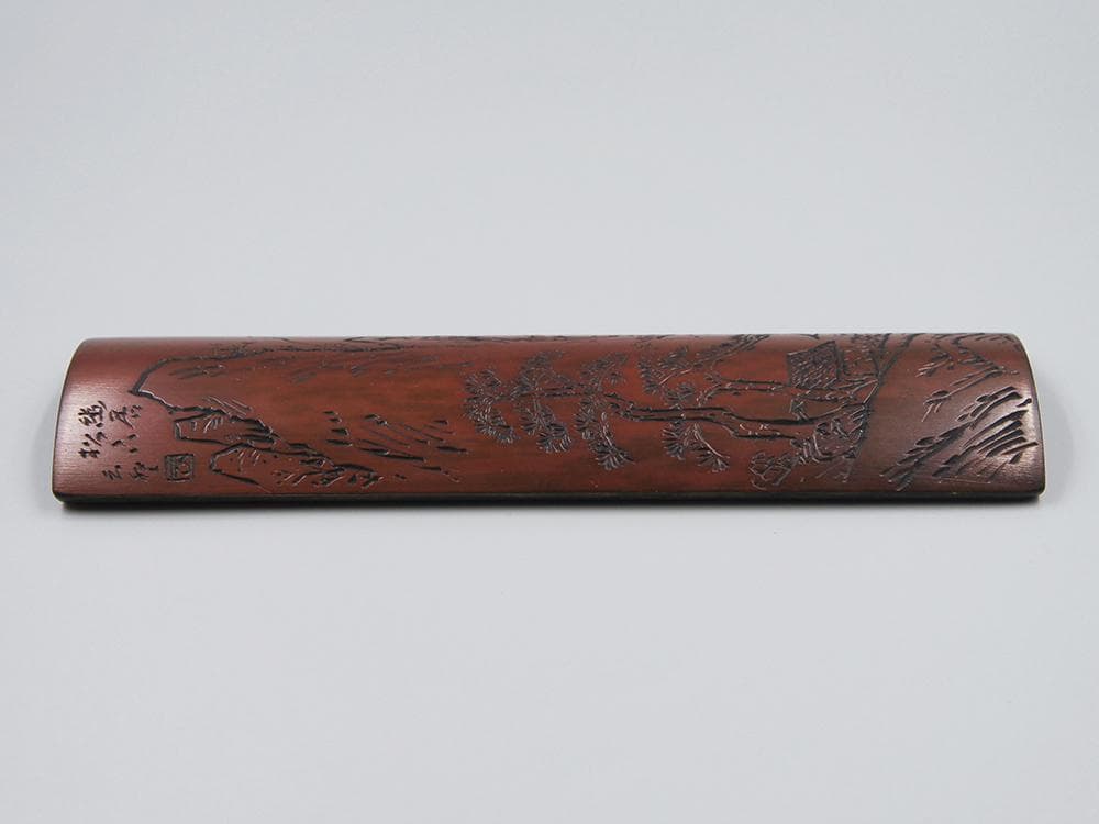 【竹】　★ 竹木 唐竹彫山水紋腕枕 ★　落款有　老松隠士 彫刻文様　文房珍玩