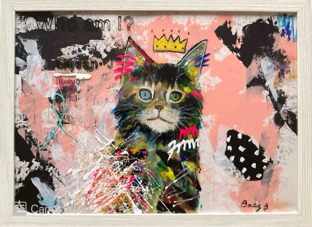 【Queen 】猫の絵　ピンク　原画　イラスト　アクリル画　BAEZ3