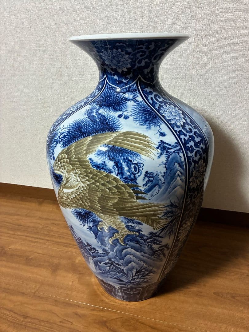 青白陶器花瓶 鶴 鷹 鯉