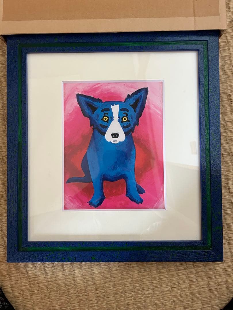 ジョージ・ロドリーゲ「ブルードッグ」背景赤 額縁入り 幸運の青い犬 箱付