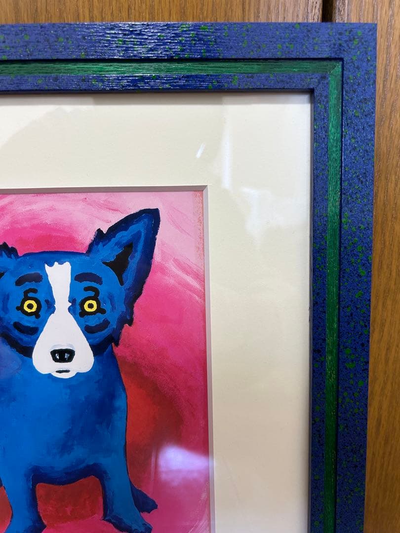 ジョージ・ロドリーゲ「ブルードッグ」背景赤 額縁入り 幸運の青い犬 箱付