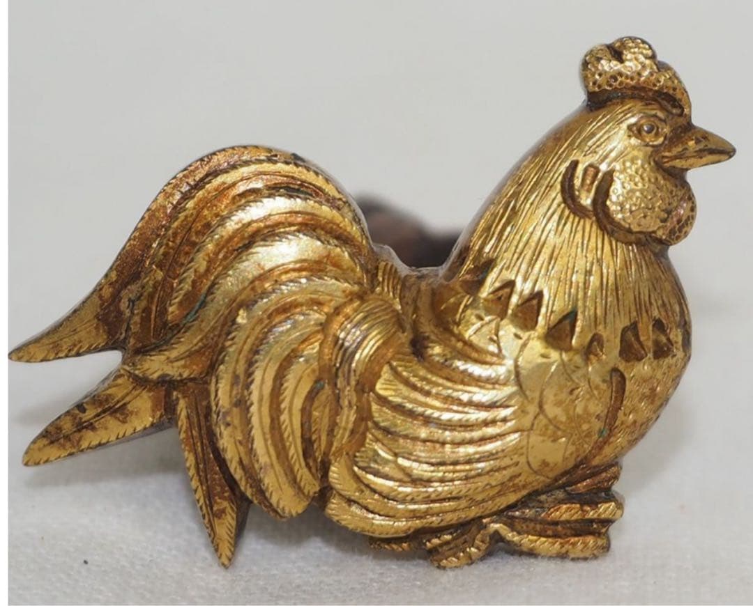 送料無料コレクター放出江戸時代『政義』作　金着せ鶏目貫2点刀装具木箱付大名道具