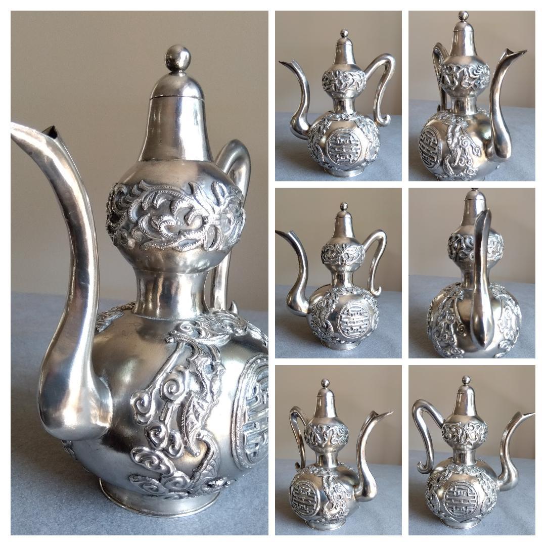 北京工芸品公司　銀製伝統的吉兆蝙蝠が取り囲む囍酒器329g全高195長150mm