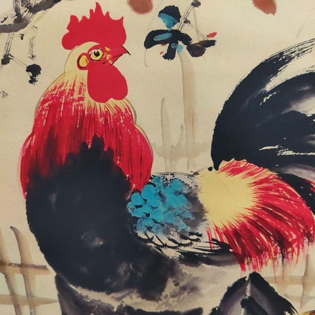 中国画 颜伯龙 石榴鶏図 四尺中堂 掛け軸／防偽仕様