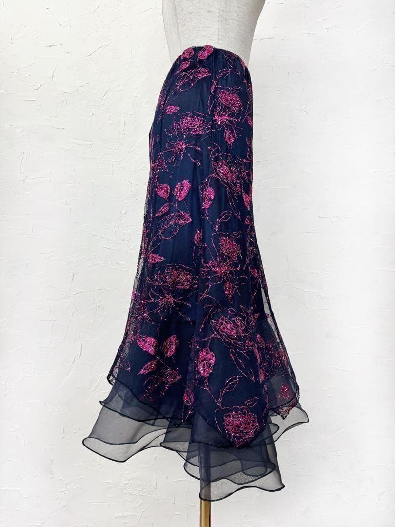 【花柄ラメ】社交ダンス用裾オーガンジー 　ロングフレアスカート紺ピンクｄ026