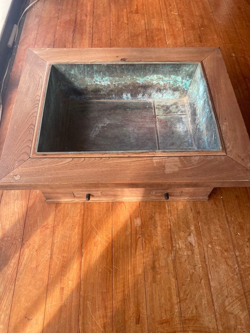 アンティーク 長火鉢 木製 銅火鉢 欅（ケヤキ） 時代家具古民具大型74センチ