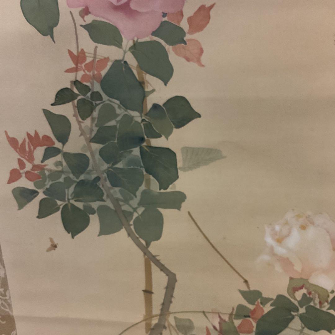 作者不詳作 絹本 花鳥画 【薔薇に花虻図】 表具 作品共経年経過