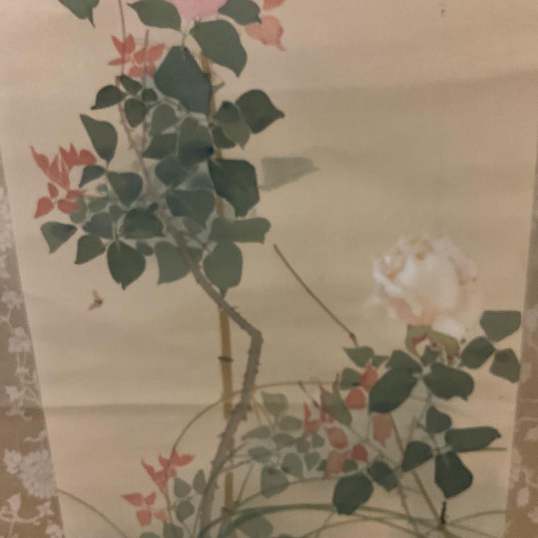 作者不詳作 絹本 花鳥画 【薔薇に花虻図】 表具 作品共経年経過