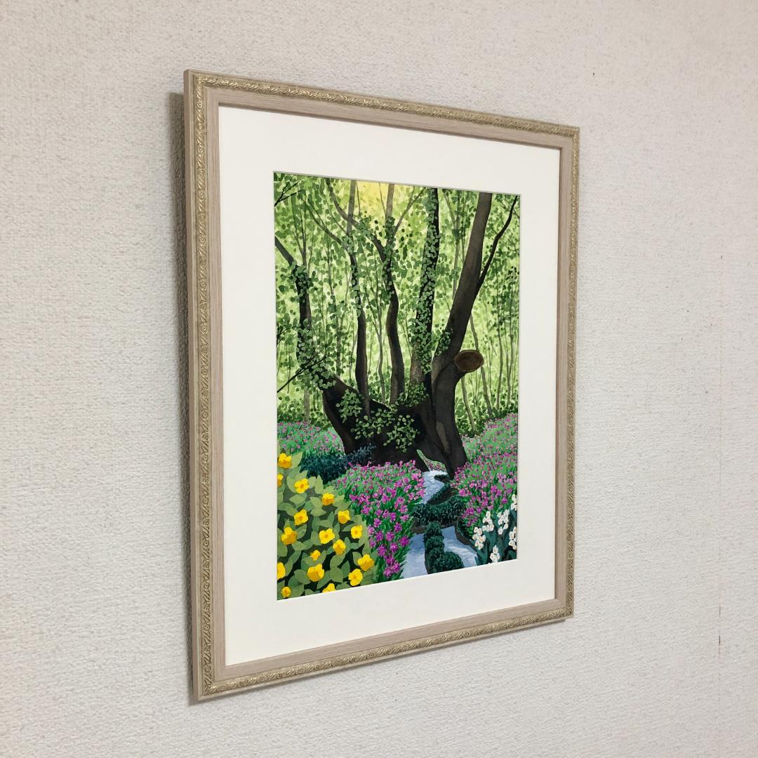 透明水彩画　原画　「千年の大樹とカタクリの花」額縁付　F4サイズ
