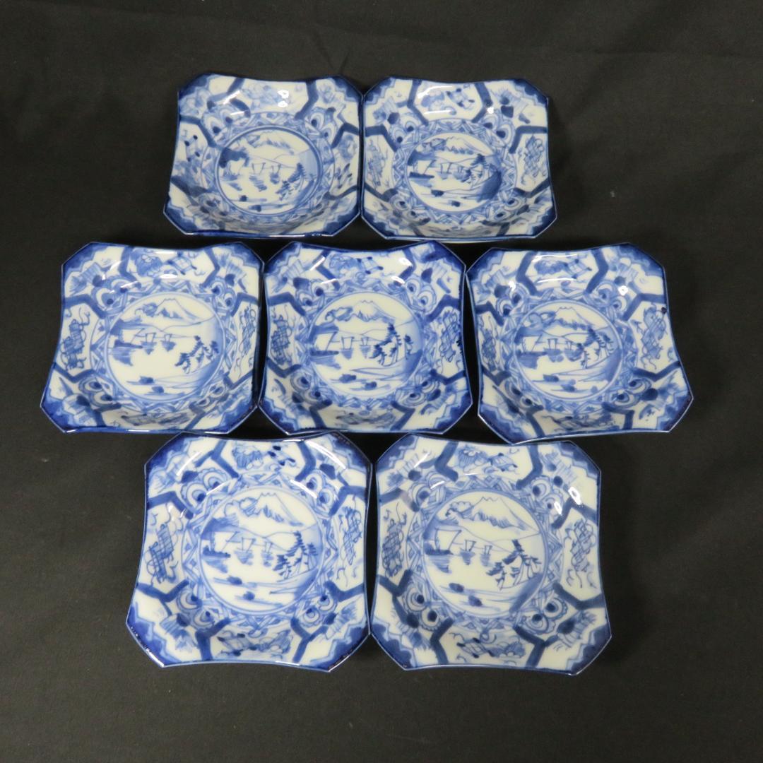 小皿 7枚 富士山 染付 古伊万里 山水 巻物 角皿 変形皿 江戸　バラ売り可