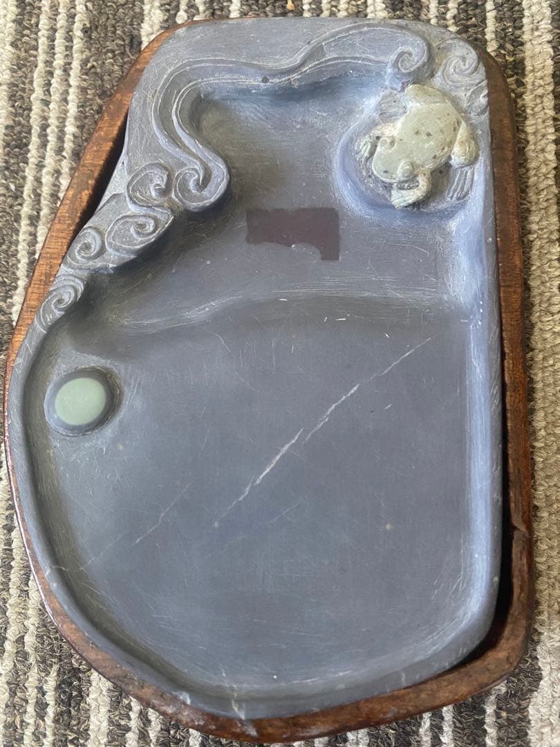 中国美術 端渓硯 斑点 石眼 硯 書道具 花鳥文 蛙　カエル　書道具 古硯 古玩