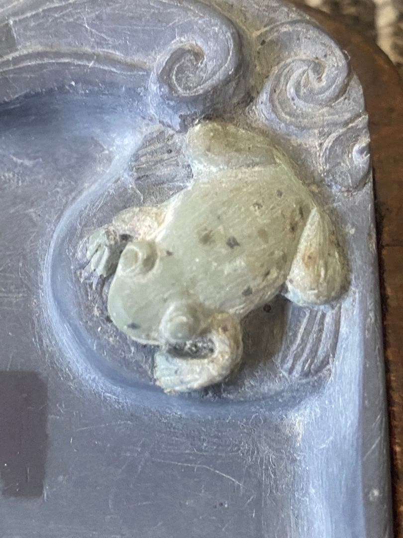 中国美術 端渓硯 斑点 石眼 硯 書道具 花鳥文 蛙　カエル　書道具 古硯 古玩