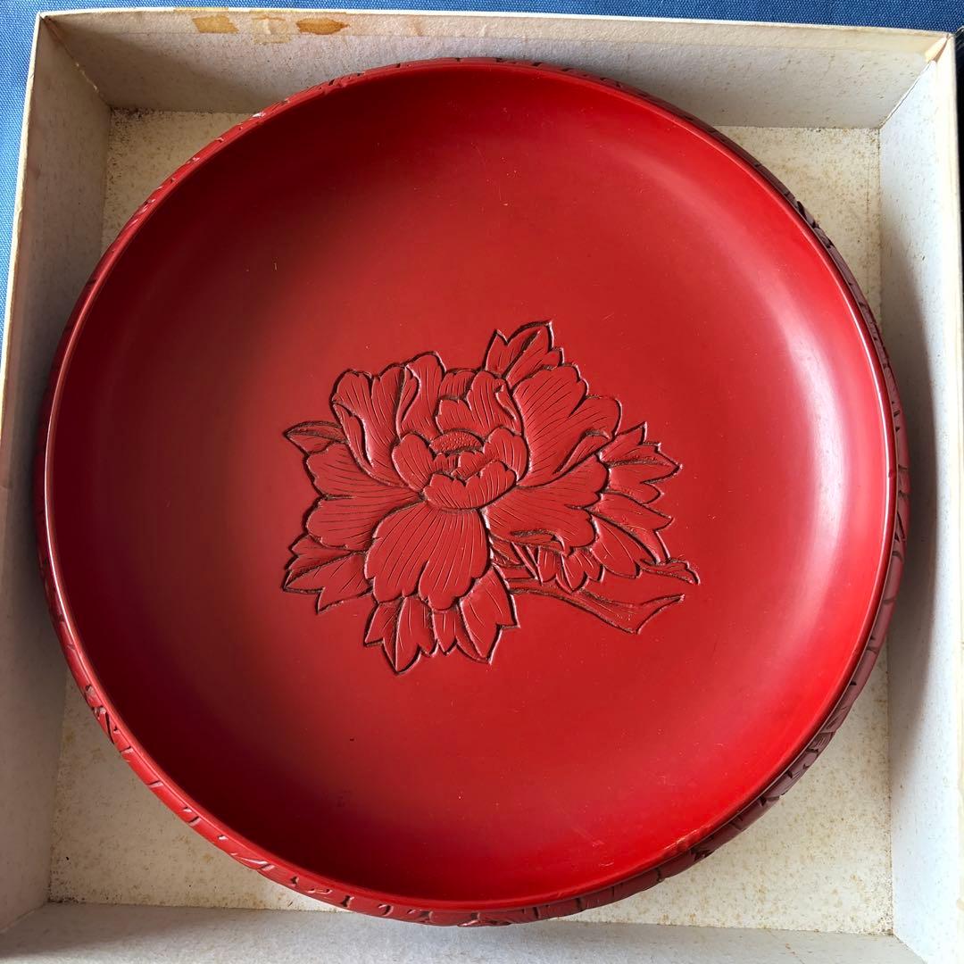 新潟 村上木彫堆朱　鉄鉢型小鉢（大）菓子器/うるし塗り 椿絵、牡丹絵　2枚セット