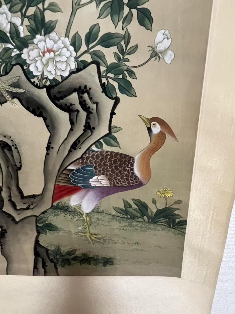 田中 野夫専用 水墨肉筆　錦鶏花葉太湖石図　南田沈銓 掛軸 中国美術(Y-12)