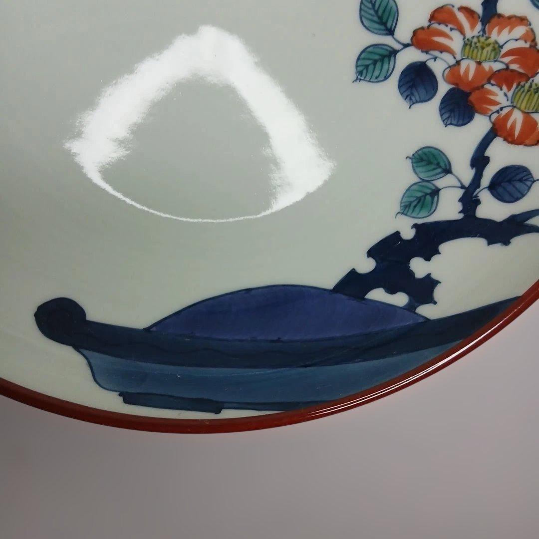 有田焼　(館林)喜助 作　『染錦椿盆栽　七寸深皿』　共箱付き