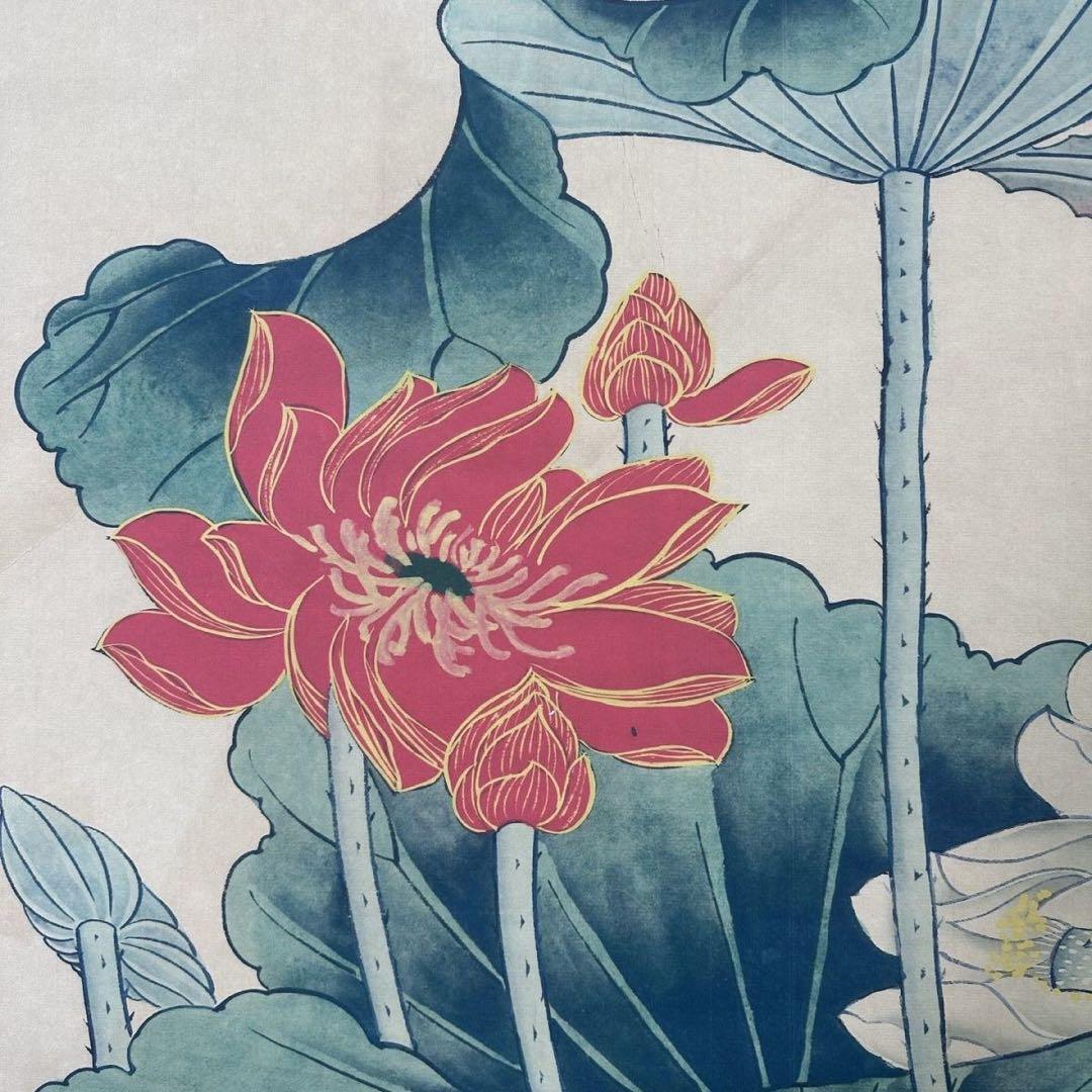 張大千 嘉荷図 掛け軸 中堂 蓮花図 中国画 表装済 サイズ：70×173cm