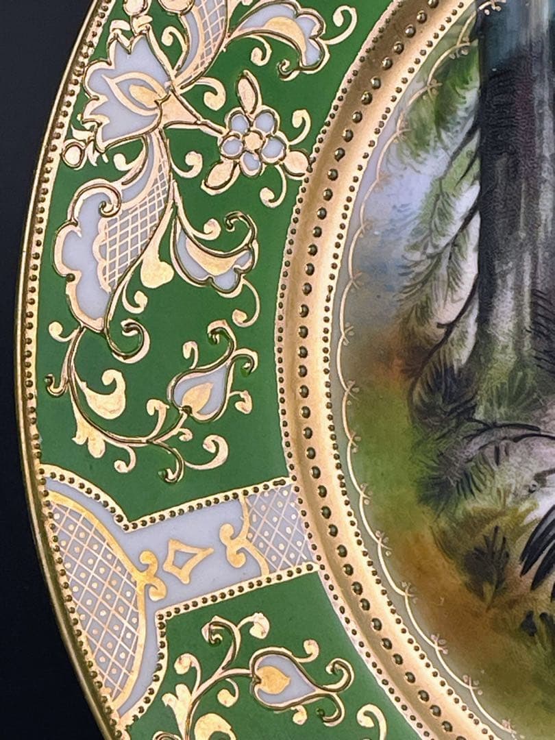 【美品】 オールドノリタケ ２１．９㎝ 黒雷鳥紋金盛り皿 ライチョウ 雉 キジ