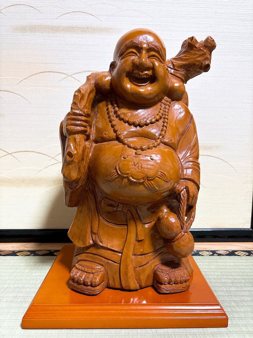 木彫り 布袋様 台座付き