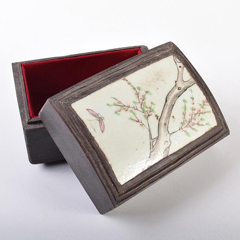 中国　粉彩　梅蝶文飾り　木製　収納箱　宝石箱　C　R7579