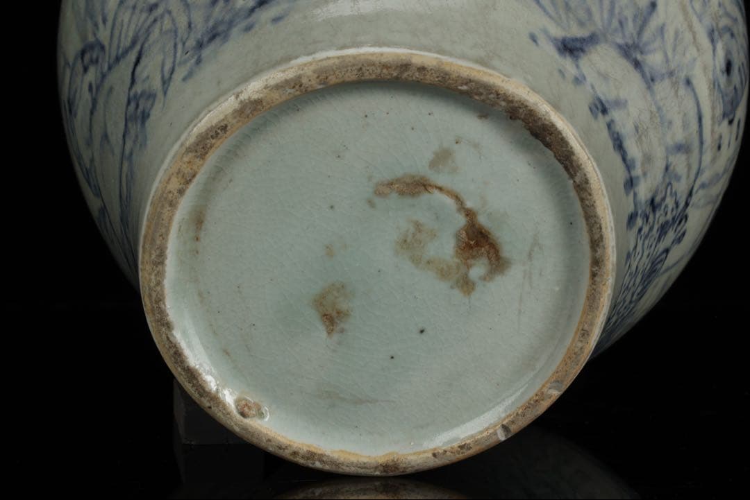 時代物 李朝 染付魚蟹海老文 壺 花瓶 箱付 白磁 青花 朝鮮古陶 唐物 骨董品