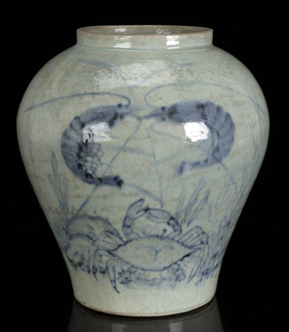 時代物 李朝 染付魚蟹海老文 壺 花瓶 箱付 白磁 青花 朝鮮古陶 唐物 骨董品