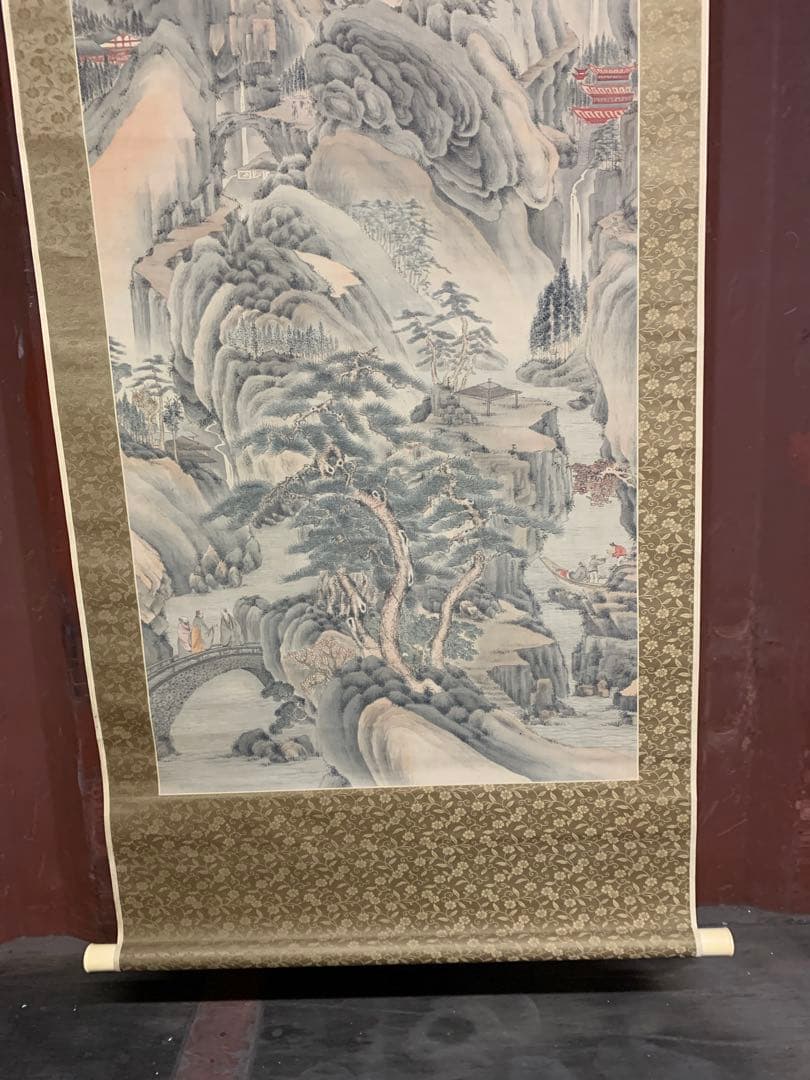 『8606』明治期文人画家 田能村直入（小虎散人） 真筆 楼閣山水図 絹本掛軸