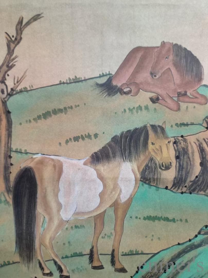 中国古美術.清時代.郎世寧款.駿馬図.宣紙画.三尺手描き.掛け軸.絵画.文房置物