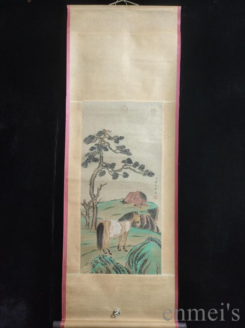 中国古美術.清時代.郎世寧款.駿馬図.宣紙画.三尺手描き.掛け軸.絵画.文房置物