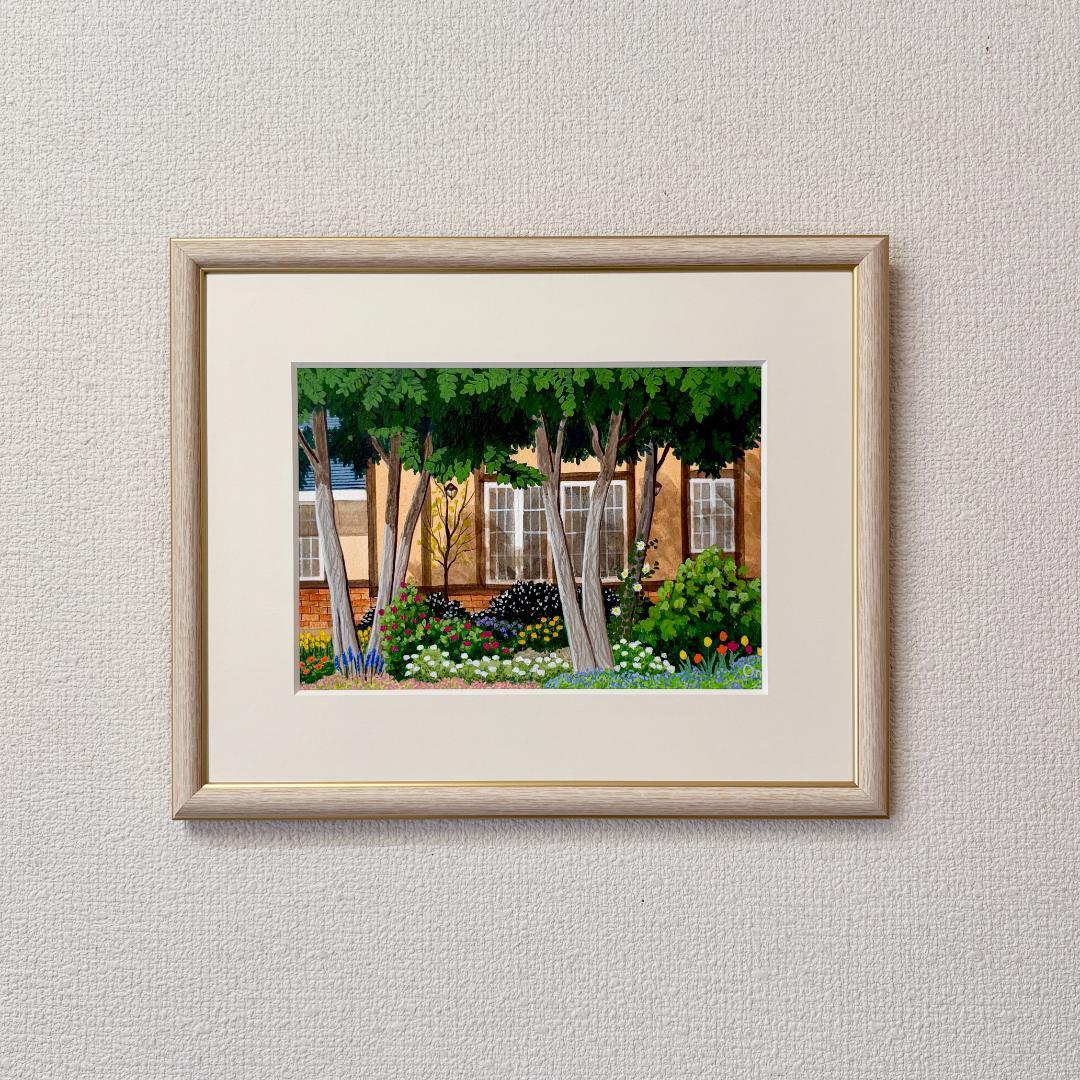 アクリル画　原画　「小さな花壇03」額縁付　SMサイズ