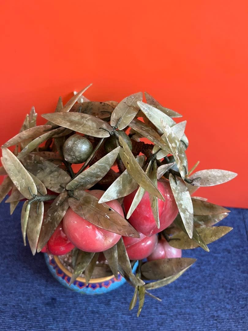 1184 中国美術　桃樹玉石　桃木玉石盆栽　景泰藍　石細工彫刻　置物