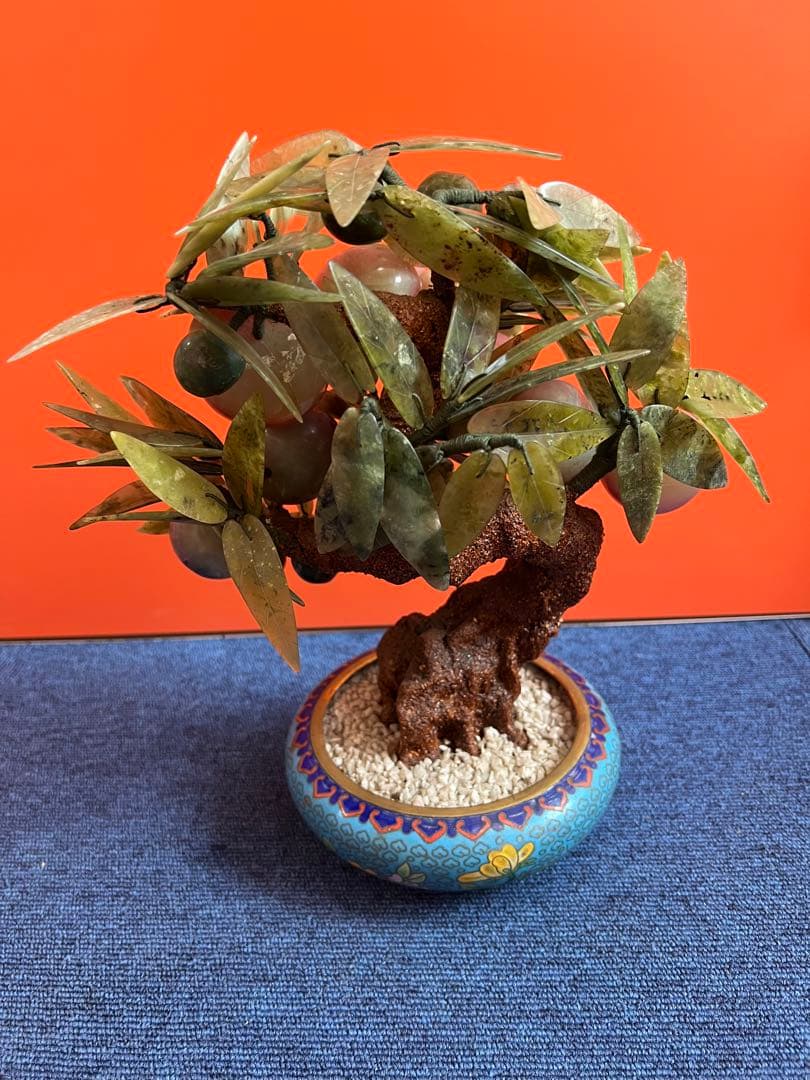 1184 中国美術　桃樹玉石　桃木玉石盆栽　景泰藍　石細工彫刻　置物