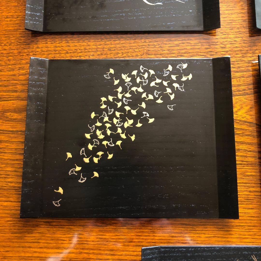 銘々皿　高級漆器 懐石御膳5客セット 金色の葉五色美品