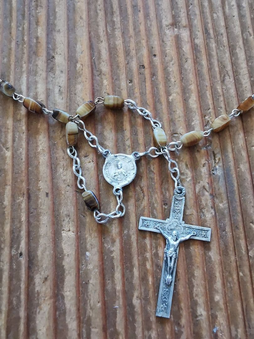 アンティーク ベルギーイタリア セピアマーブルガラス 聖母子のネックレスロザリオ