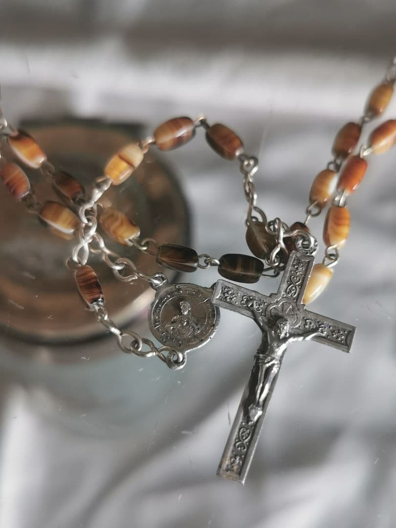 アンティーク ベルギーイタリア セピアマーブルガラス 聖母子のネックレスロザリオ