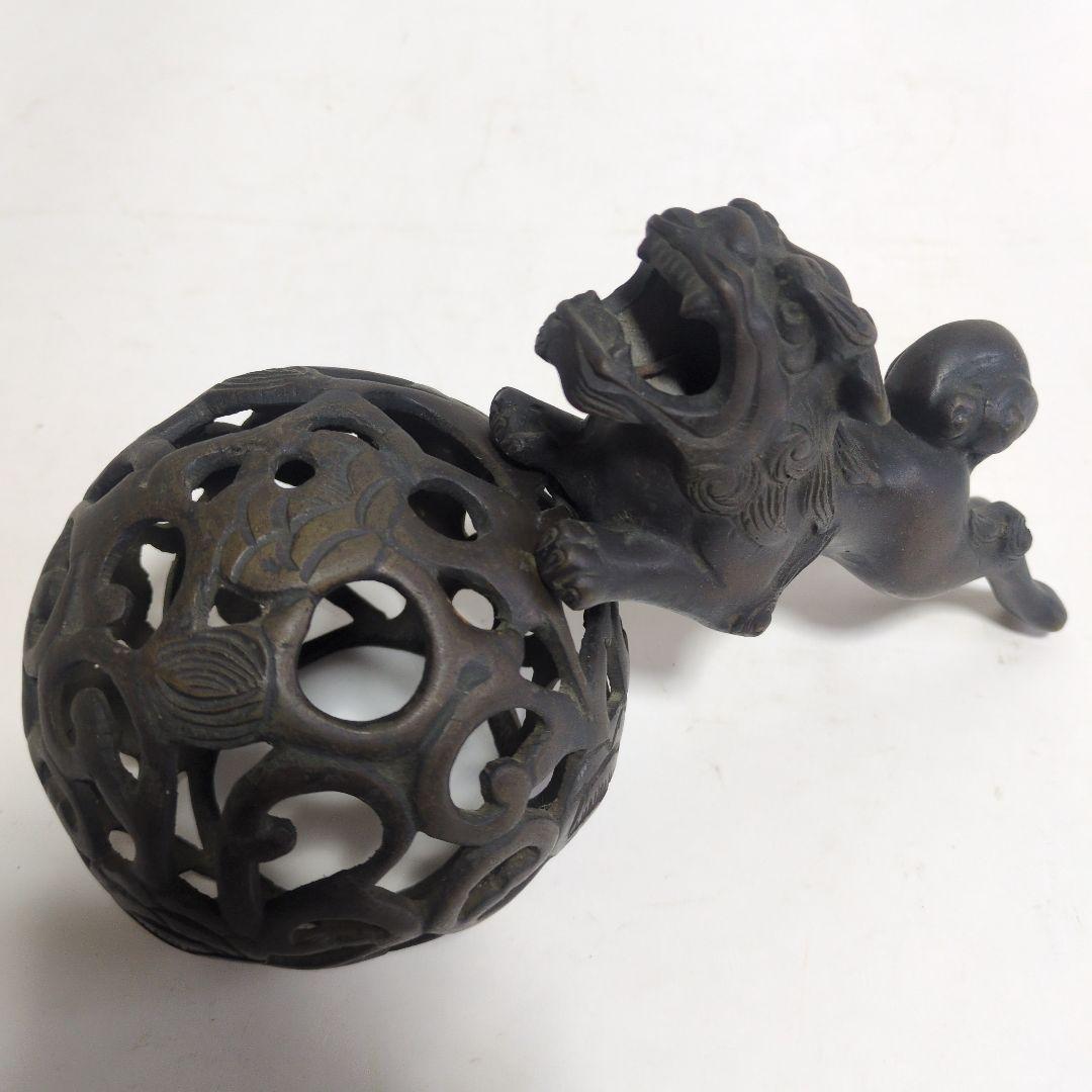 旧家　古い銅製　高炉　獅子　古銅宣徳銅　神獣　魔除　縁起物　彫金　玉獅子