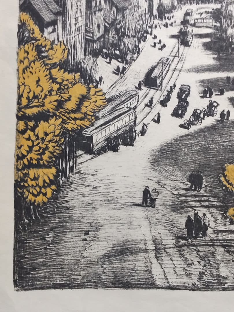 織田一磨 作品 「 東京風景 上野廣小路 」 ( 額なし、刷り本 )