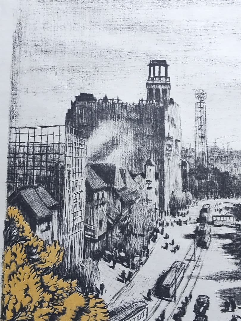 織田一磨 作品 「 東京風景 上野廣小路 」 ( 額なし、刷り本 )