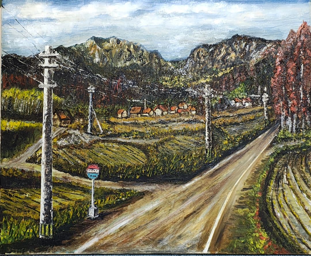 【F12号】大型 油絵 風景画 額縁入り バス停 山道 アンティーク 肉筆