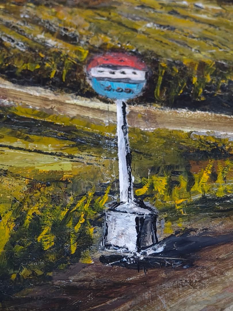 【F12号】大型 油絵 風景画 額縁入り バス停 山道 アンティーク 肉筆