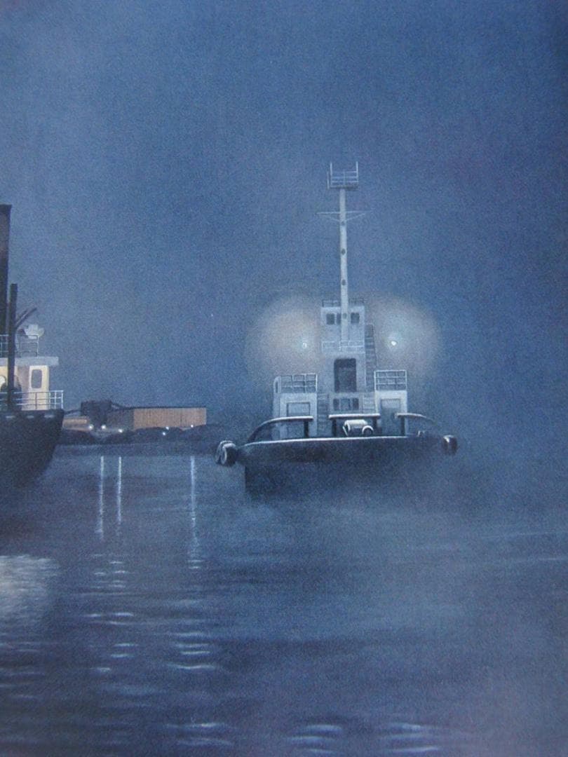 石井基善、【夜の千葉港】、希少な額装用画集より、新品額装付