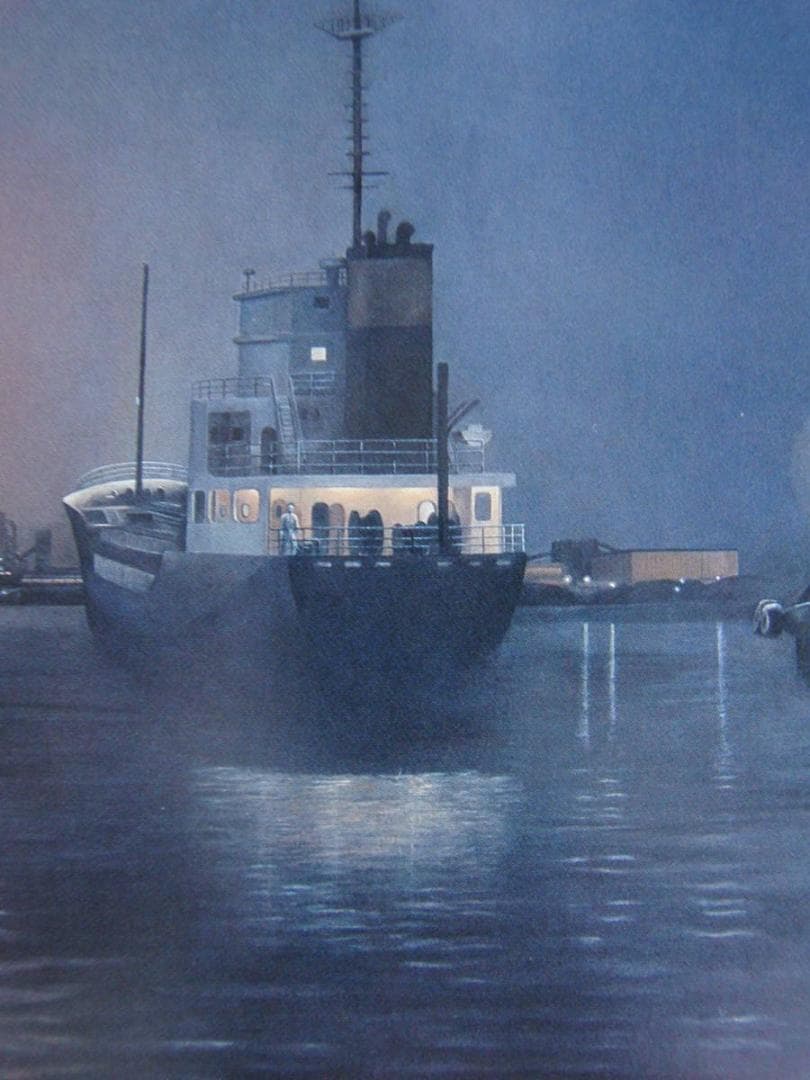 石井基善、【夜の千葉港】、希少な額装用画集より、新品額装付