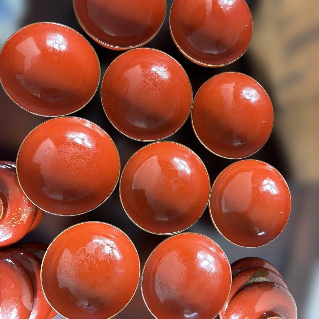 漆器 赤色 金箔装飾 絵変わり和歌 椀 10客セット 共箱